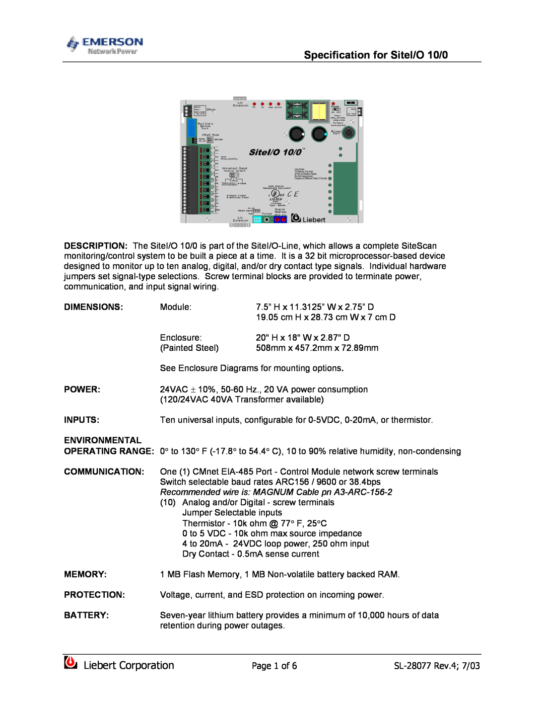 Emerson SiteI/O-Line dimensions Specification for SiteI/O 10/0, Liebert Corporation 