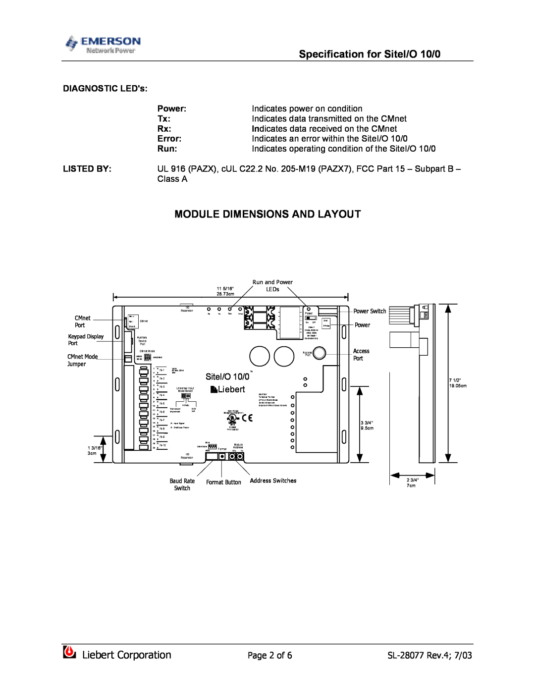 Emerson SiteI/O-Line dimensions Module Dimensions And Layout, Specification for SiteI/O 10/0, Liebert Corporation 