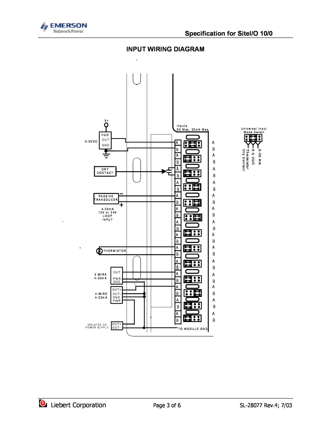 Emerson SiteI/O-Line dimensions Input Wiring Diagram, Page 3 of, Specification for SiteI/O 10/0, Liebert Corporation 