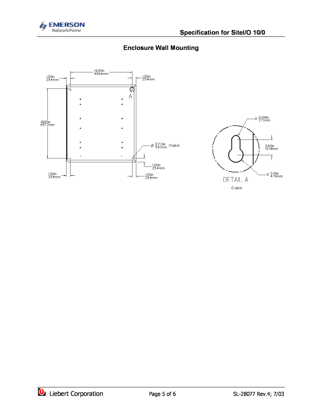 Emerson SiteI/O-Line dimensions Enclosure Wall Mounting, Page 5 of, Specification for SiteI/O 10/0, Liebert Corporation 