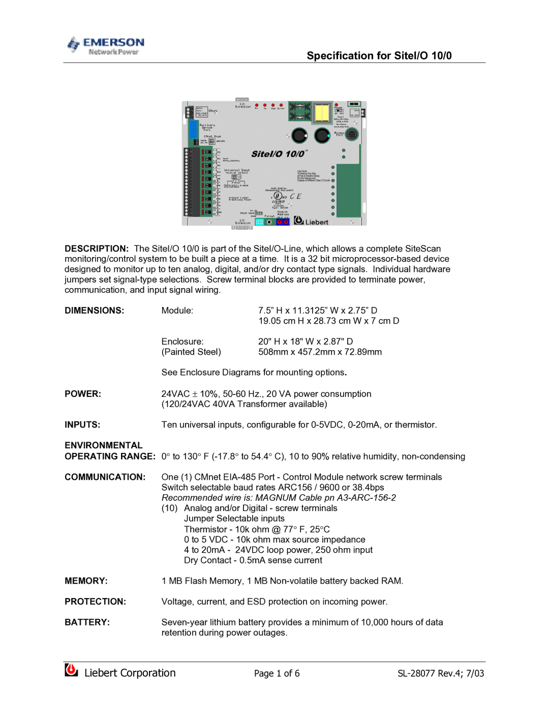 Emerson SiteI/O-Line dimensions Specification for SiteI/O 10/0 