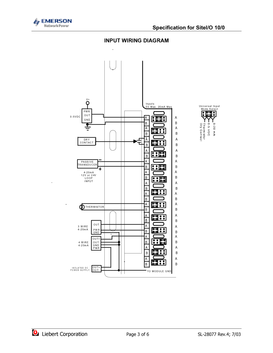 Emerson SiteI/O-Line, SiteI/O 10/0 dimensions Input Wiring Diagram 