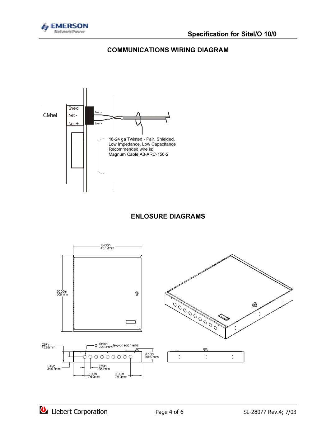 Emerson SiteI/O 10/0, SiteI/O-Line dimensions Communications Wiring Diagram, Enlosure Diagrams 