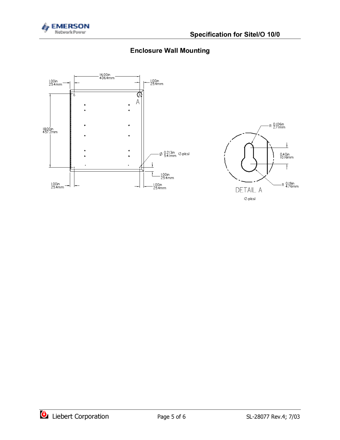 Emerson SiteI/O-Line dimensions Specification for SiteI/O 10/0 Enclosure Wall Mounting 