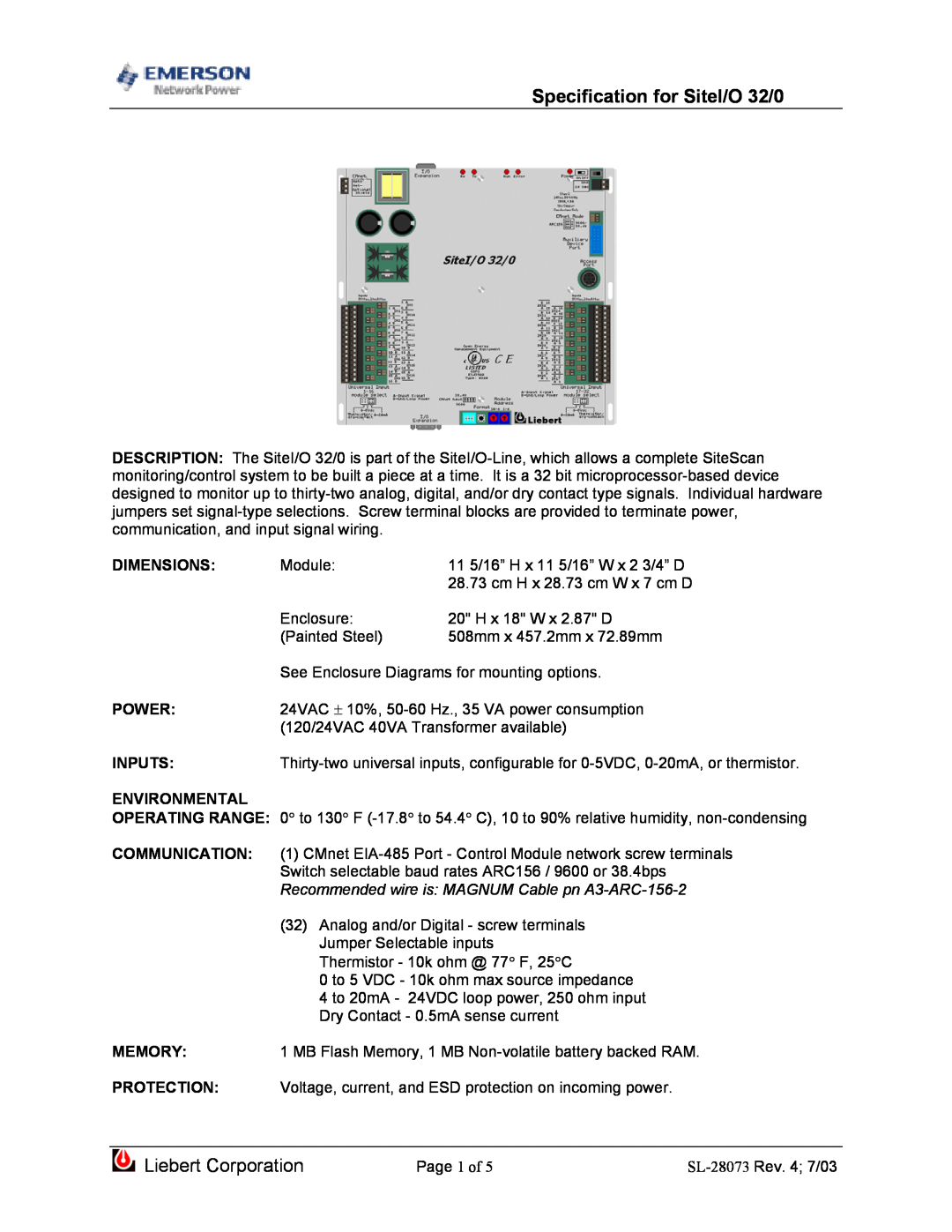 Emerson dimensions Specification for SiteI/O 32/0, Liebert Corporation 