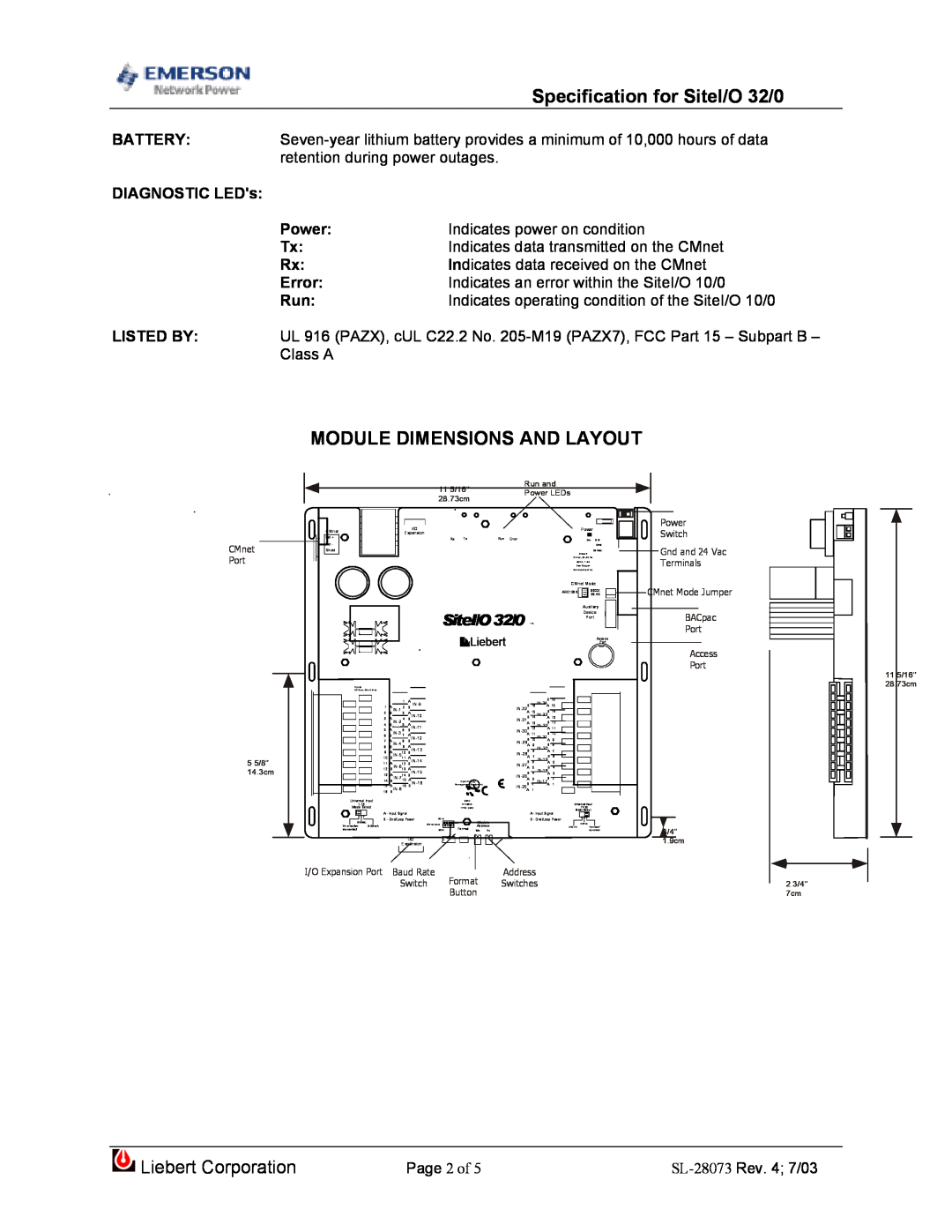 Emerson dimensions Module Dimensions And Layout, Specification for SiteI/O 32/0, Liebert Corporation, DIAGNOSTIC LEDs 