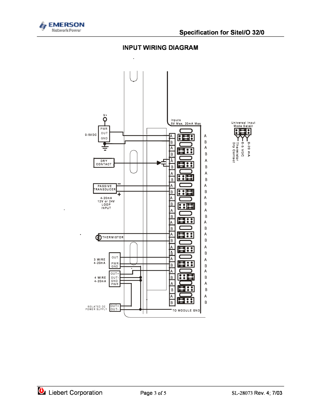 Emerson dimensions Specification for SiteI/O 32/0 INPUT WIRING DIAGRAM, Page 3 of, Liebert Corporation 