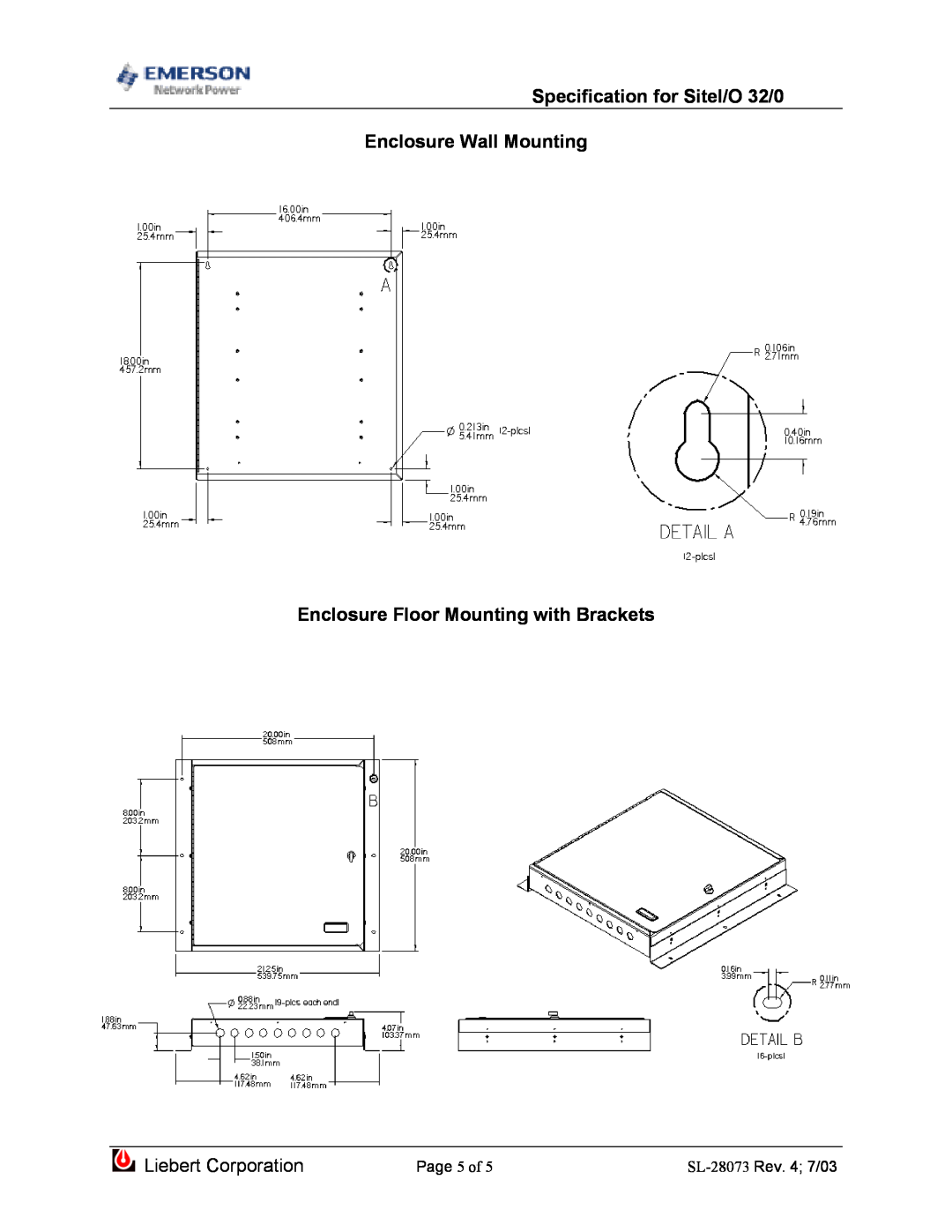 Emerson Specification for SiteI/O 32/0 Enclosure Wall Mounting, Enclosure Floor Mounting with Brackets, Page 5 of 