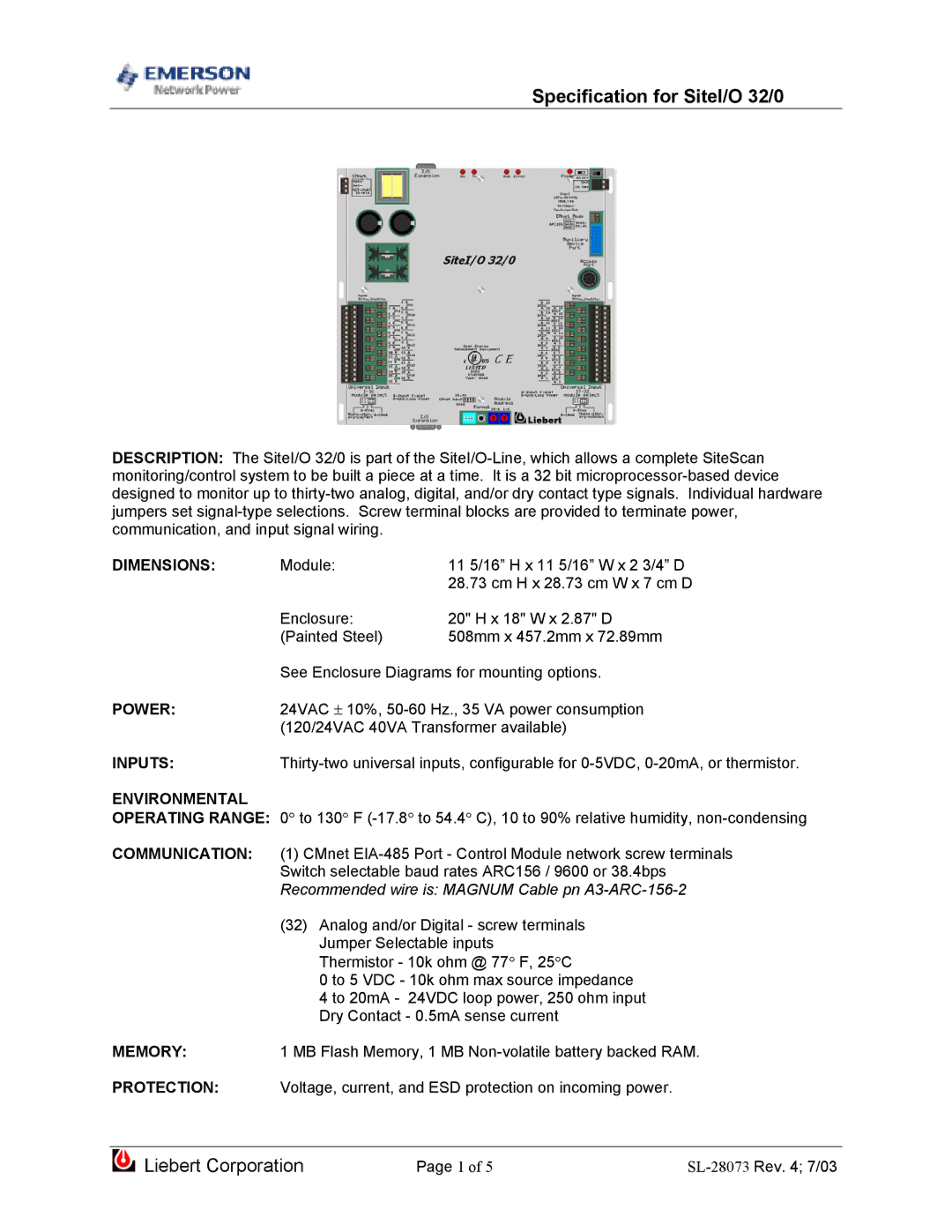 Emerson dimensions Specification for SiteI/O 32/0 