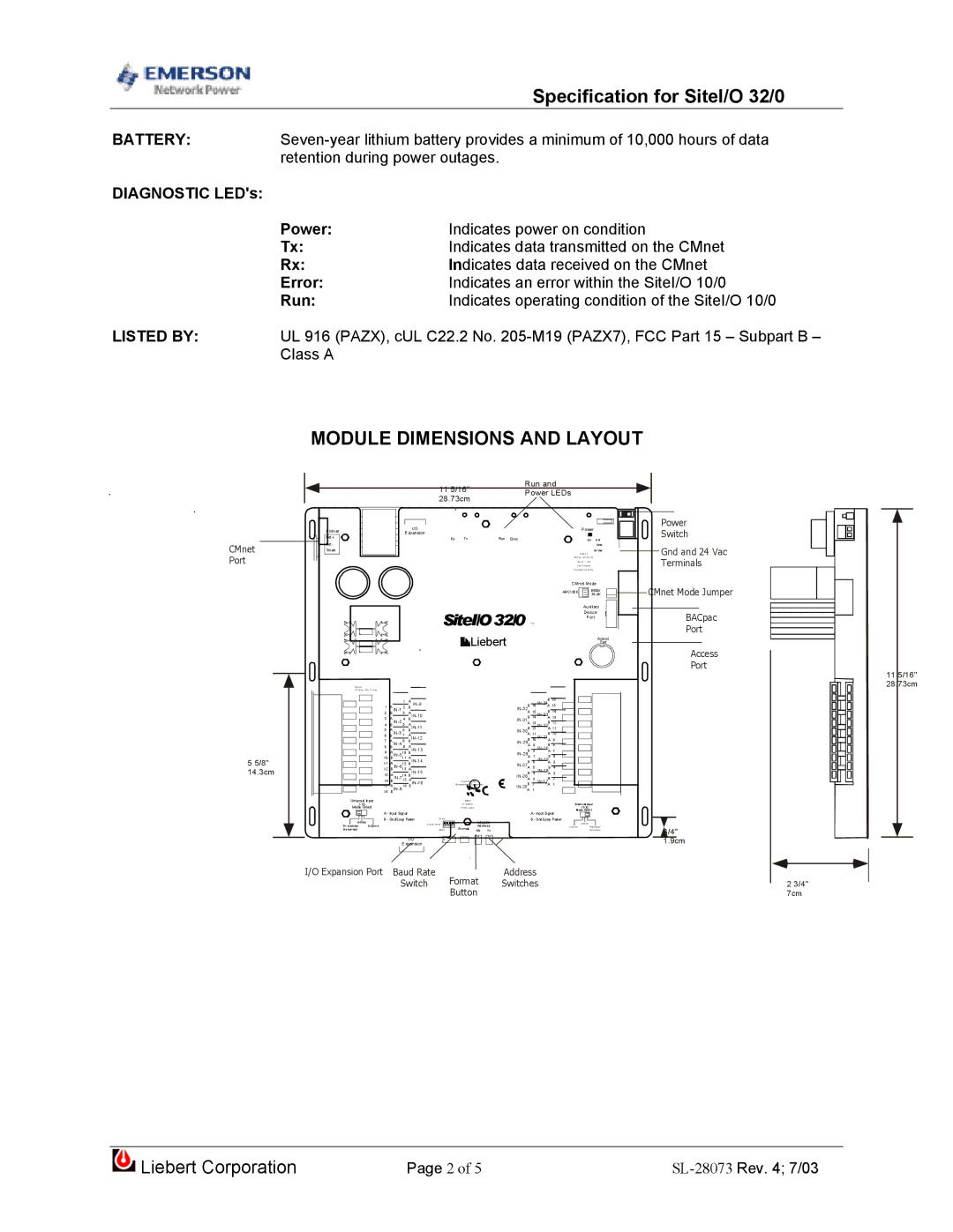 Emerson SiteI/O 32/0 dimensions Module Dimensions and Layout, SiteI/O32/0 T M 