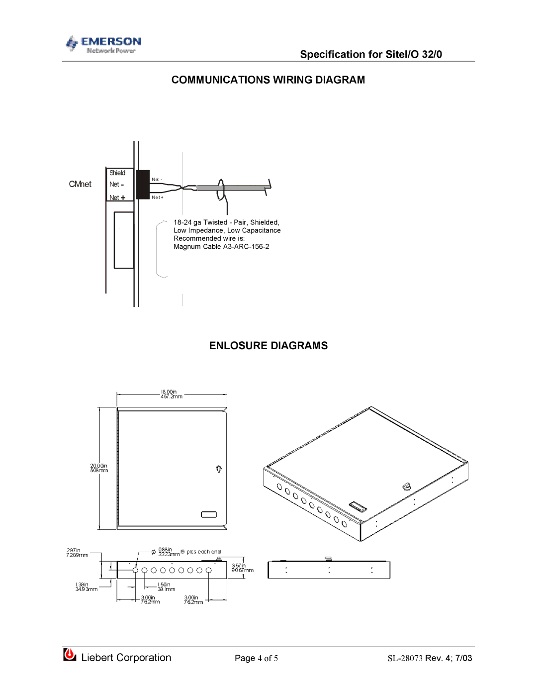 Emerson SiteI/O 32/0 dimensions Communications Wiring Diagram, Enlosure Diagrams 