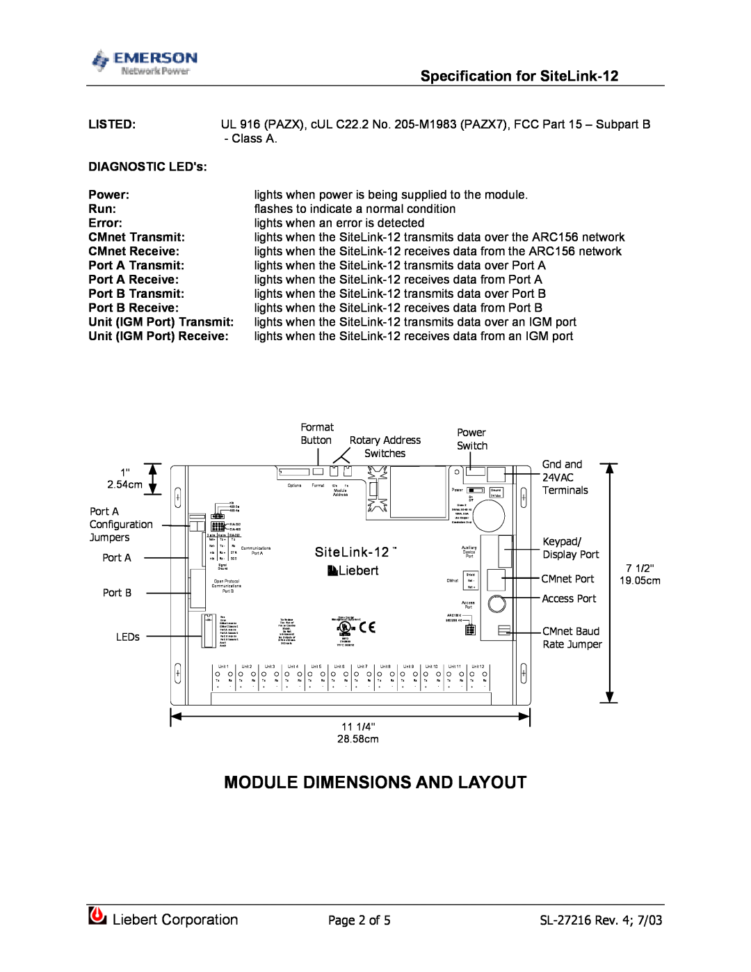 Emerson dimensions Module Dimensions And Layout, Specification for SiteLink-12, Liebert Corporation 