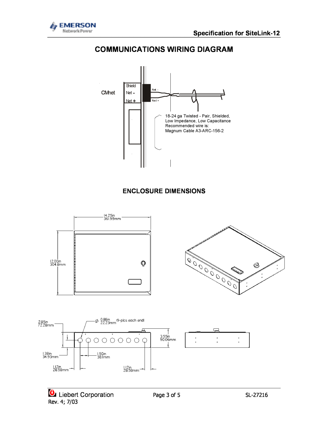 Emerson SiteLink-12 Communications Wiring Diagram, Enclosure Dimensions, Liebert CorporationPage 3 of 5SL-27216, CMnet 
