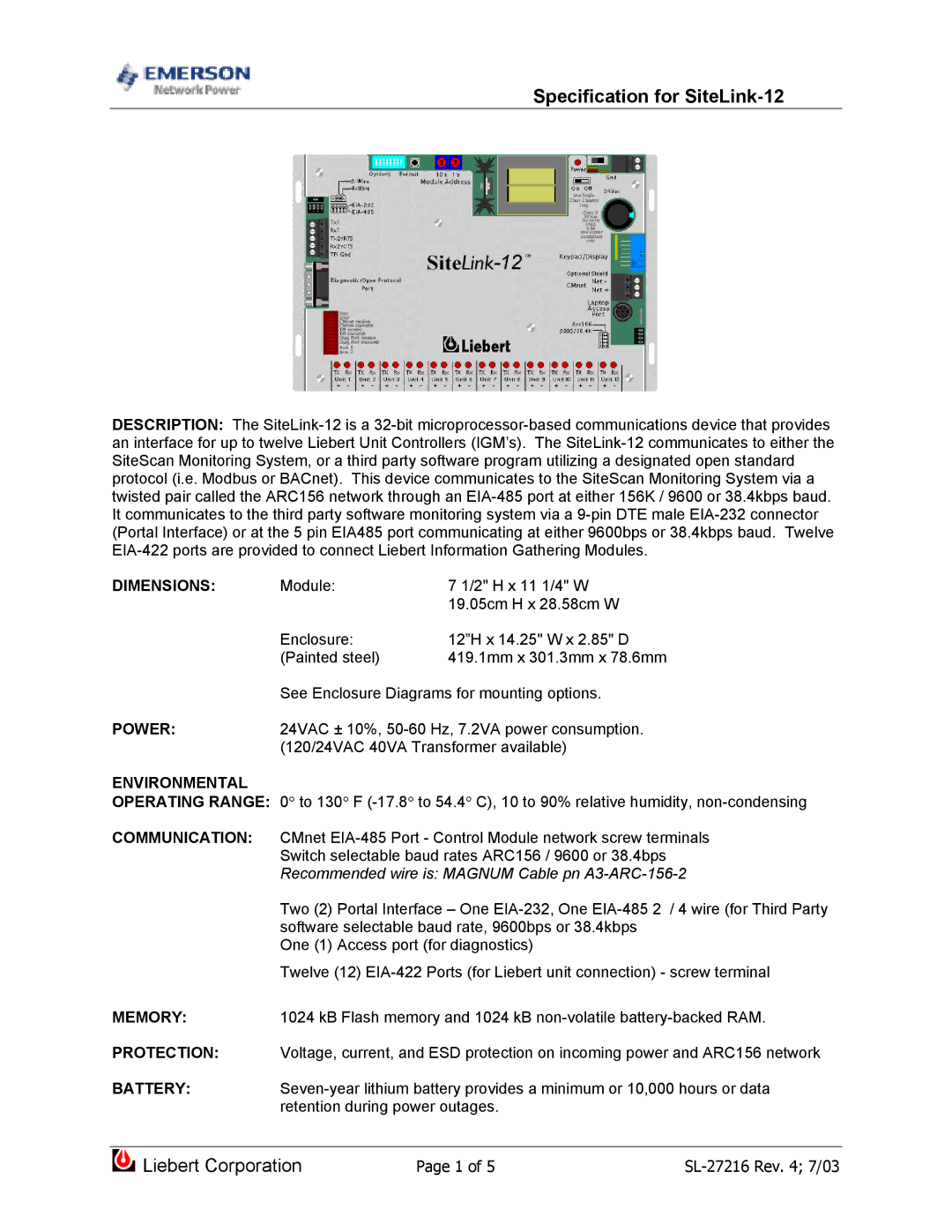 Emerson dimensions Specification for SiteLink-12 