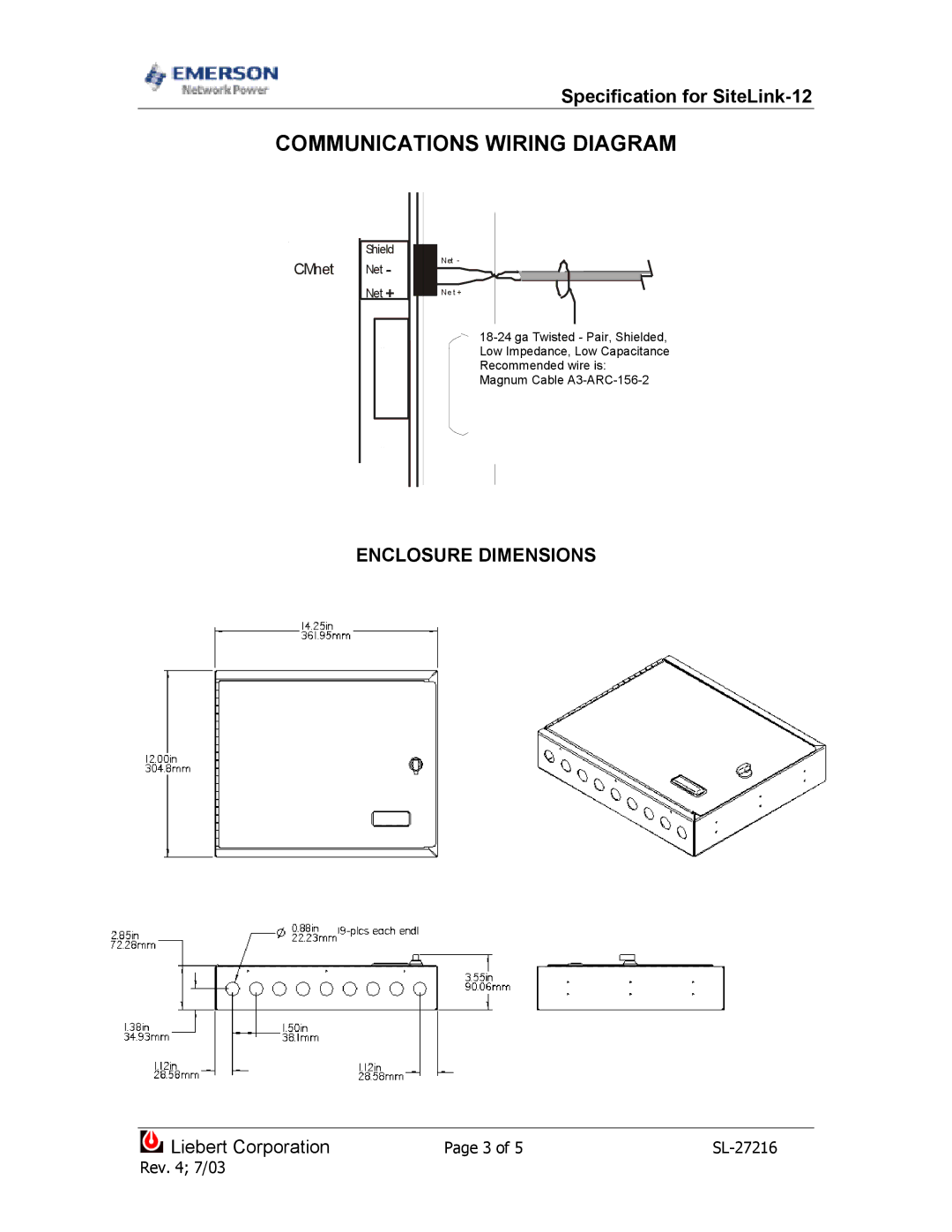 Emerson SiteLink-12 dimensions Communications Wiring Diagram 