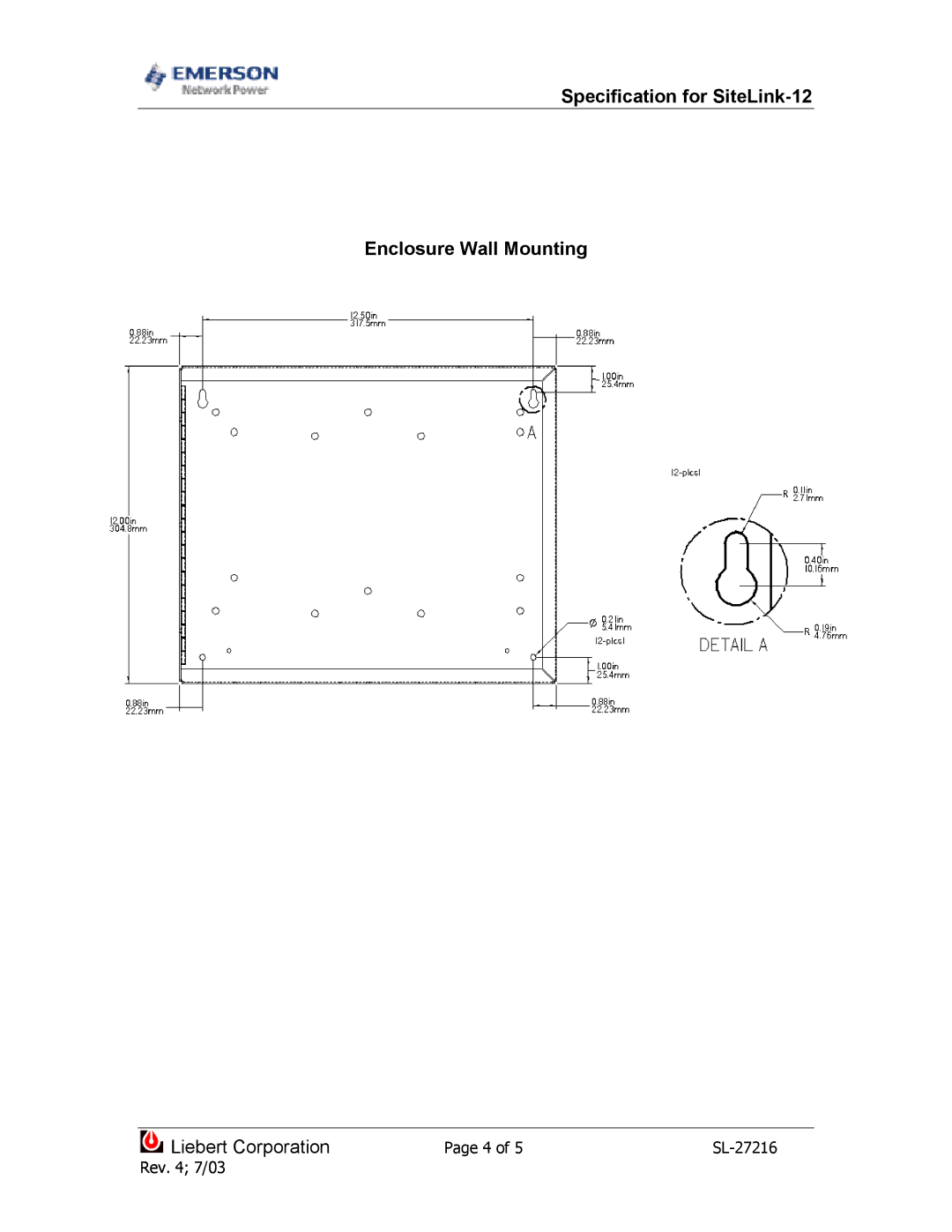 Emerson dimensions Specification for SiteLink-12 Enclosure Wall Mounting 