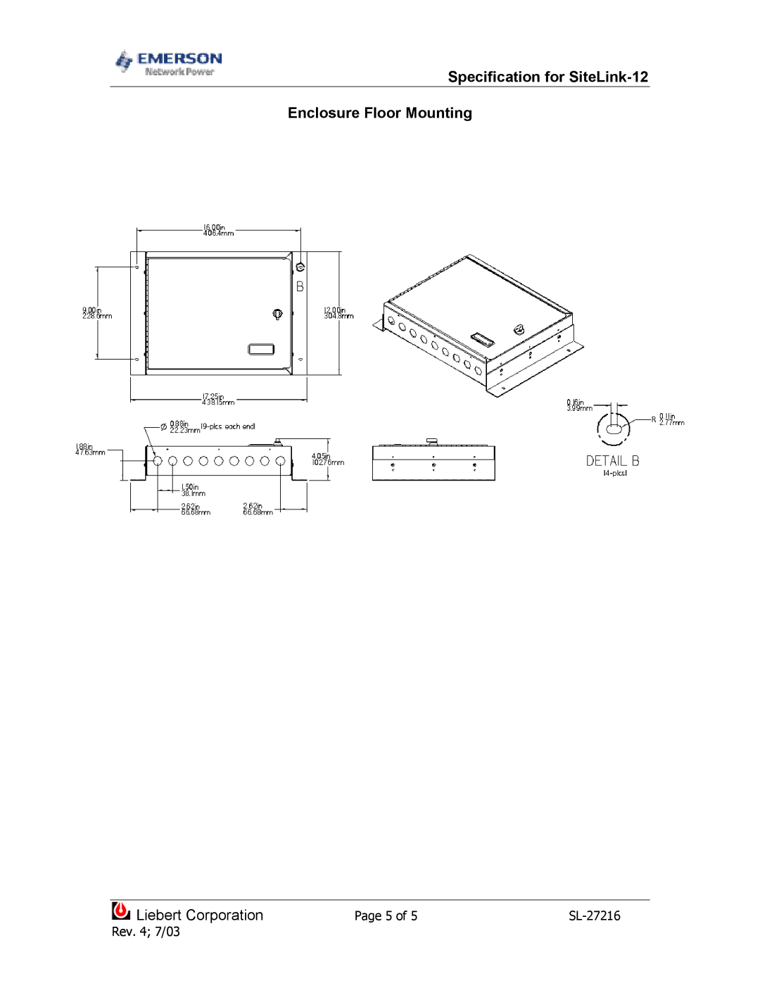 Emerson dimensions Specification for SiteLink-12 Enclosure Floor Mounting 