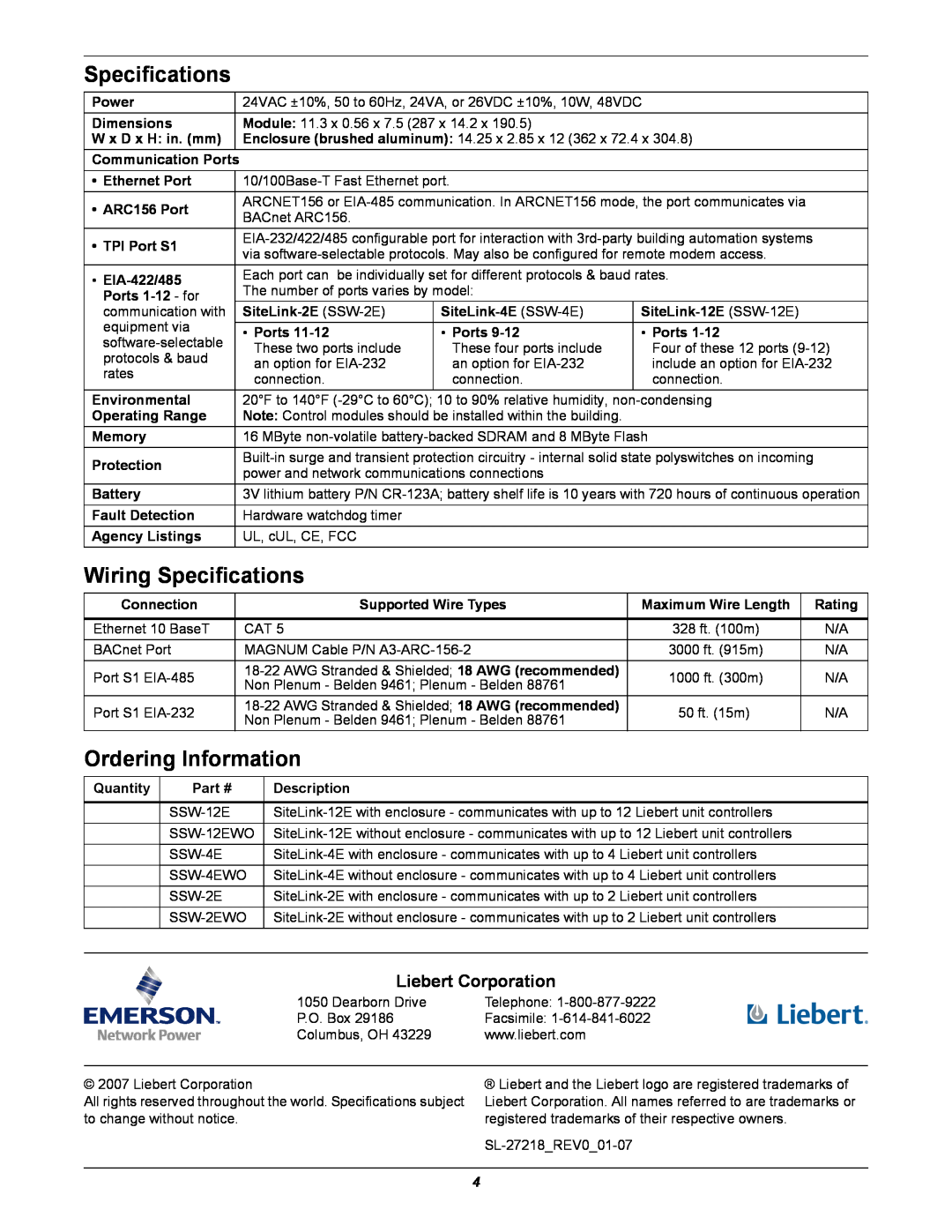 Emerson SiteLink-12E, SiteLink-2E, SiteLink-4E Wiring Specifications, Ordering Information, Liebert Corporation 