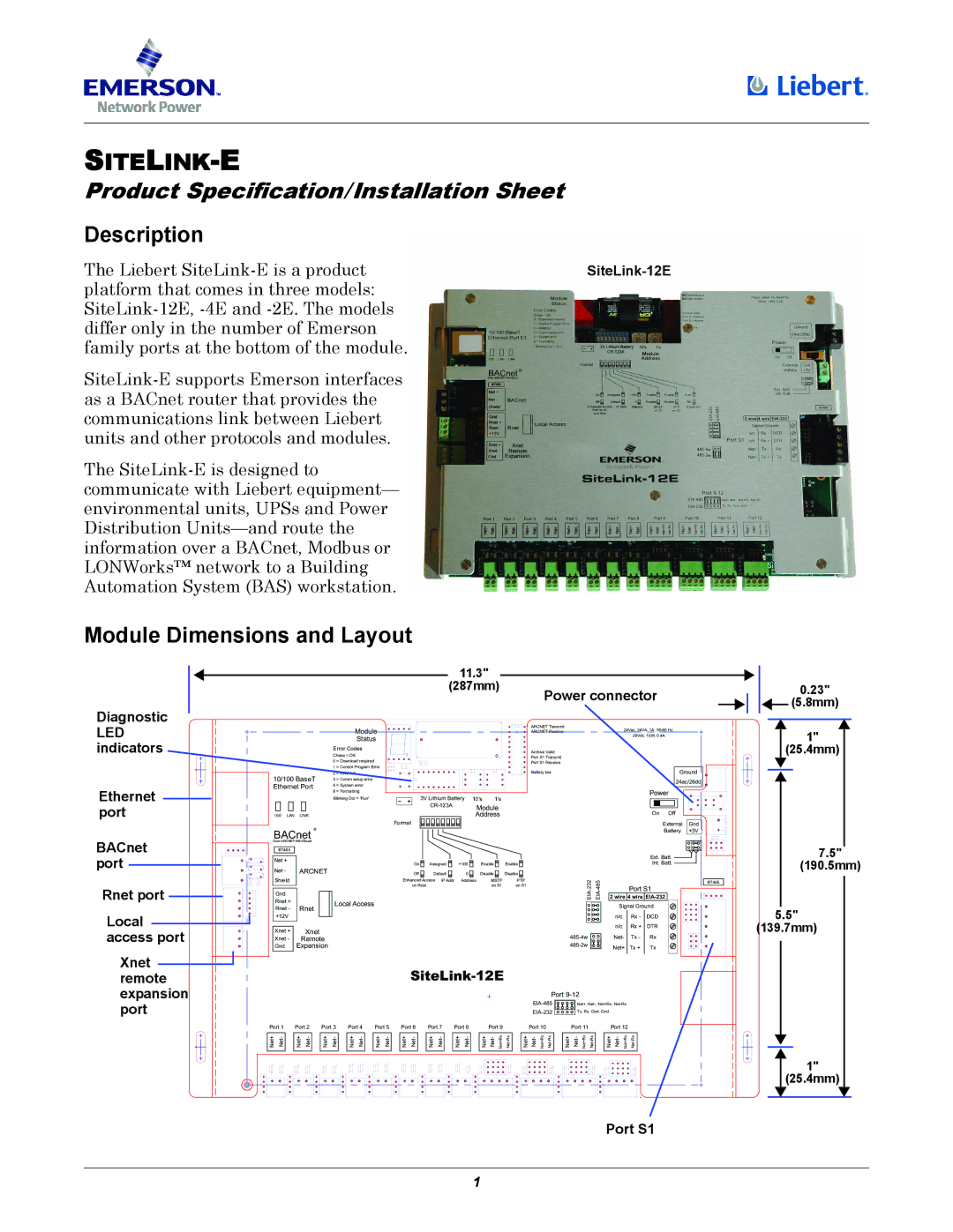 Emerson SiteLink-12E, SiteLink-2E, SiteLink-4E dimensions Description, Module Dimensions and Layout 