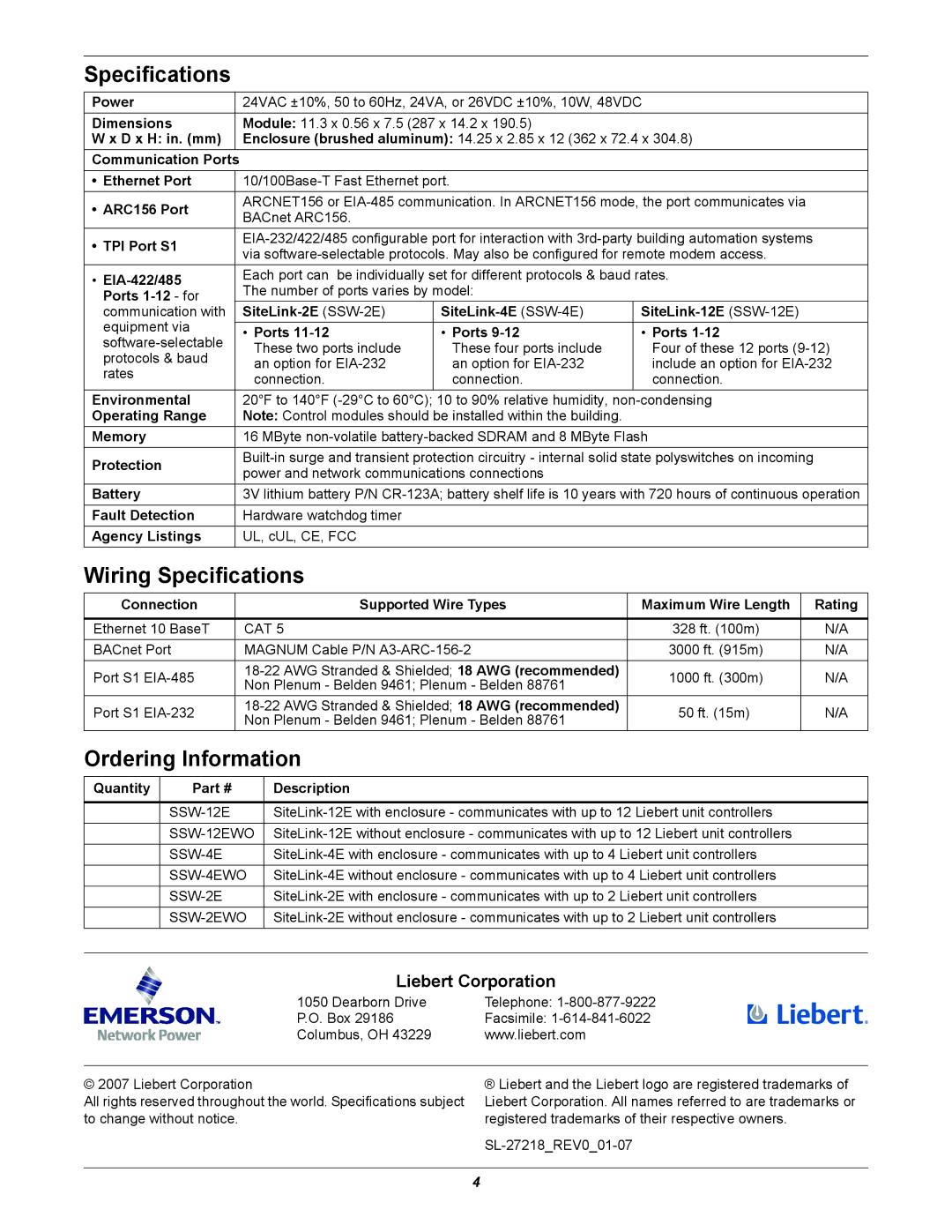 Emerson SiteLink-12E, SiteLink-2E, SiteLink-4E dimensions Wiring Specifications, Ordering Information 