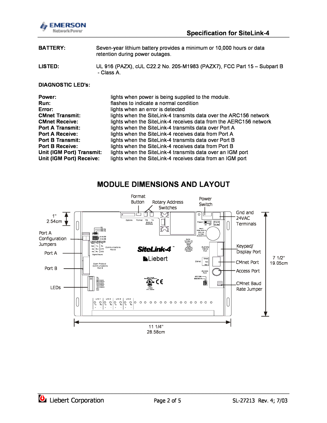 Emerson dimensions Module Dimensions And Layout, Specification for SiteLink-4, Liebert Corporation 