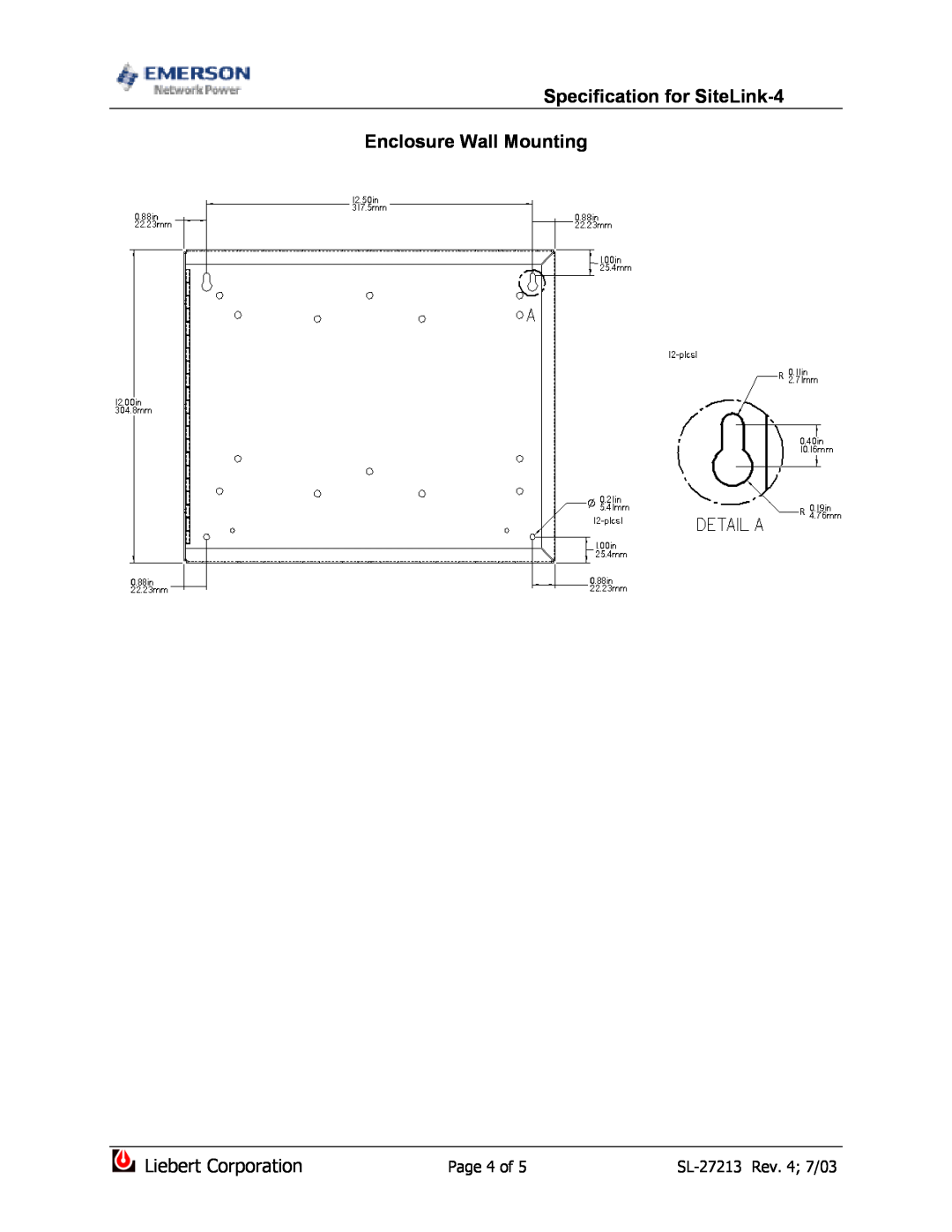 Emerson Enclosure Wall Mounting, Page 4 of, Specification for SiteLink-4, Liebert Corporation, SL-27213Rev. 4 7/03 