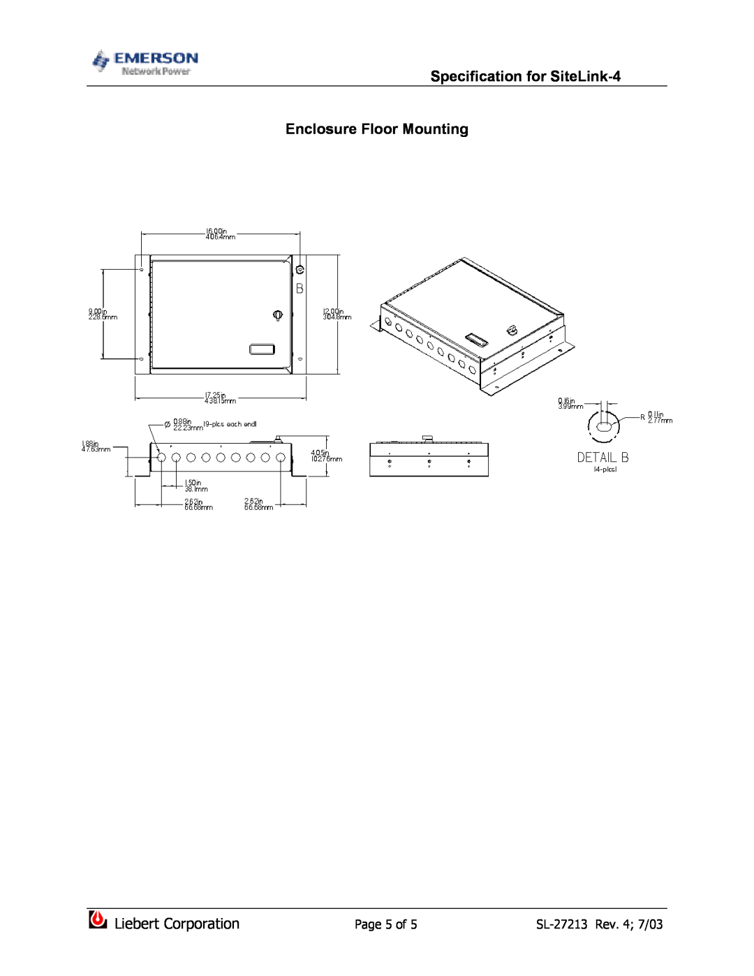 Emerson Enclosure Floor Mounting, Page 5 of, Specification for SiteLink-4, Liebert Corporation, SL-27213Rev. 4 7/03 