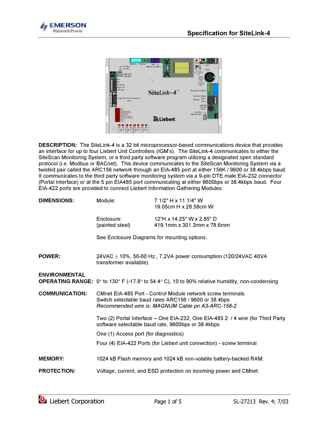 Emerson dimensions Specification for SiteLink-4 