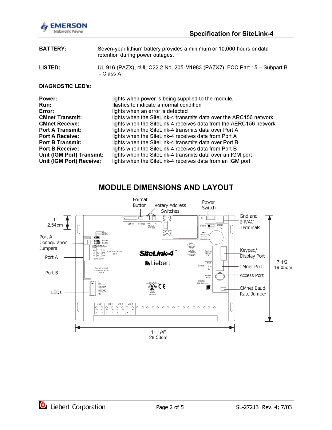 Emerson SiteLink-4 dimensions Module Dimensions and Layout, 24VAC 