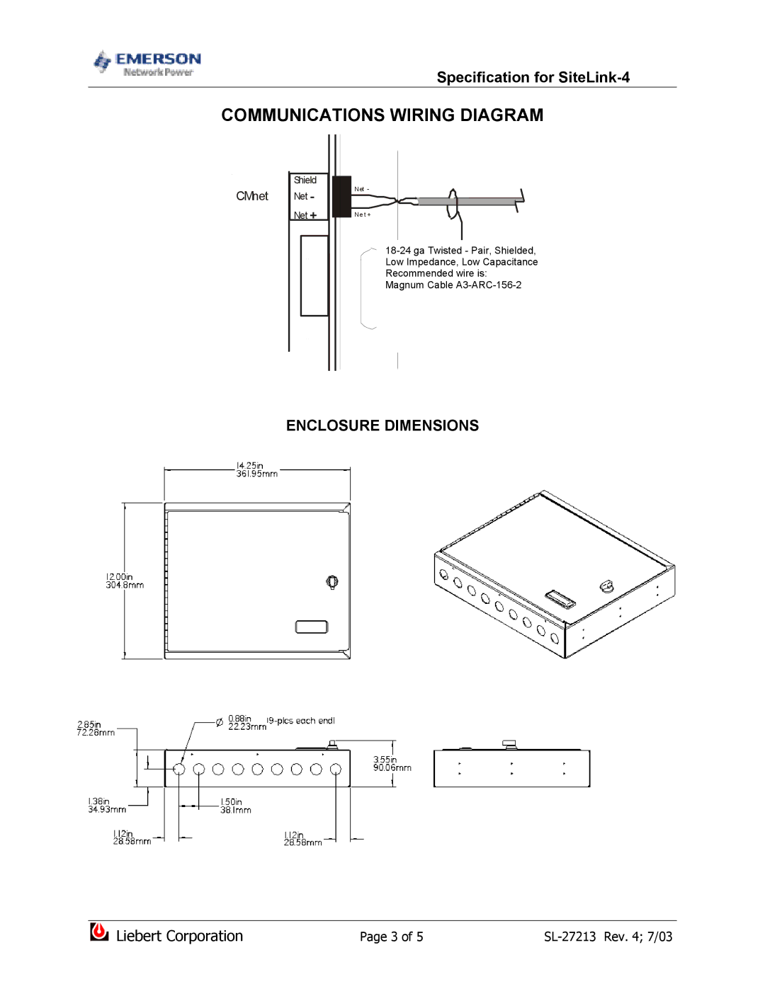 Emerson SiteLink-4 dimensions Communications Wiring Diagram, CMnet 