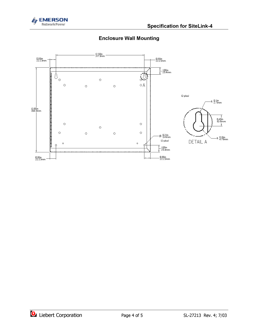 Emerson dimensions Specification for SiteLink-4 Enclosure Wall Mounting 