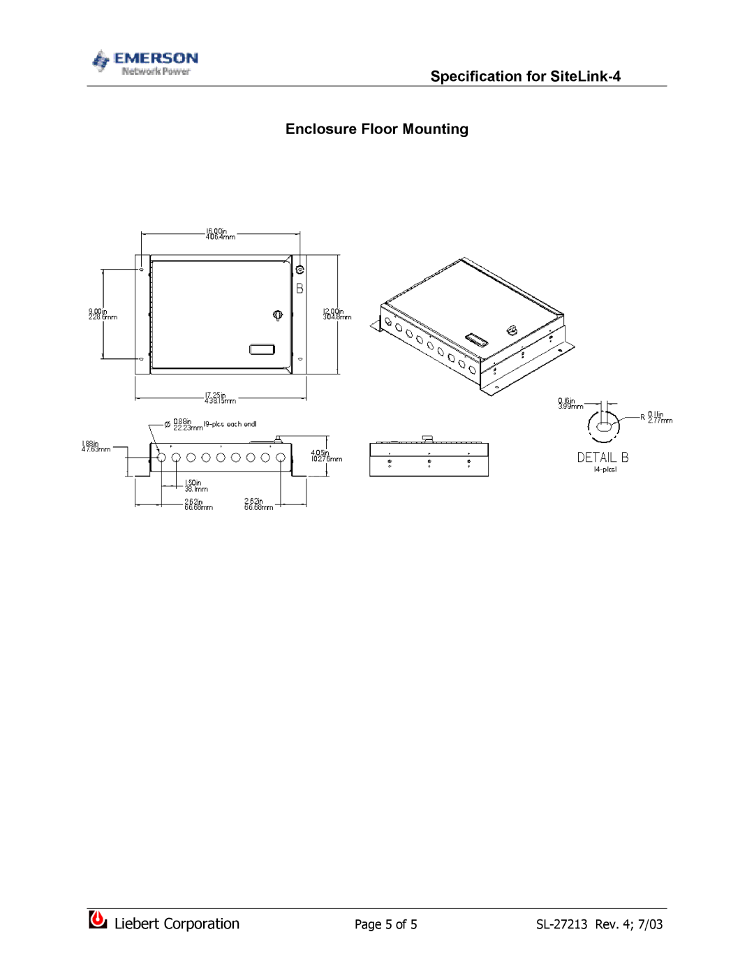 Emerson dimensions Specification for SiteLink-4 Enclosure Floor Mounting 