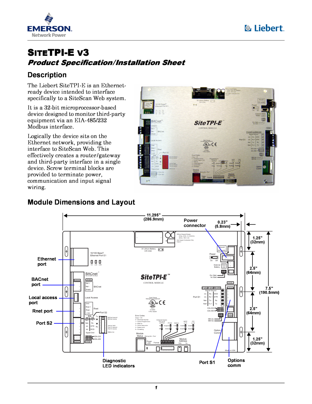 Emerson SITETPI-E V3 dimensions Description, Module Dimensions and Layout, Sitetpi-E, SiteTPI-E 