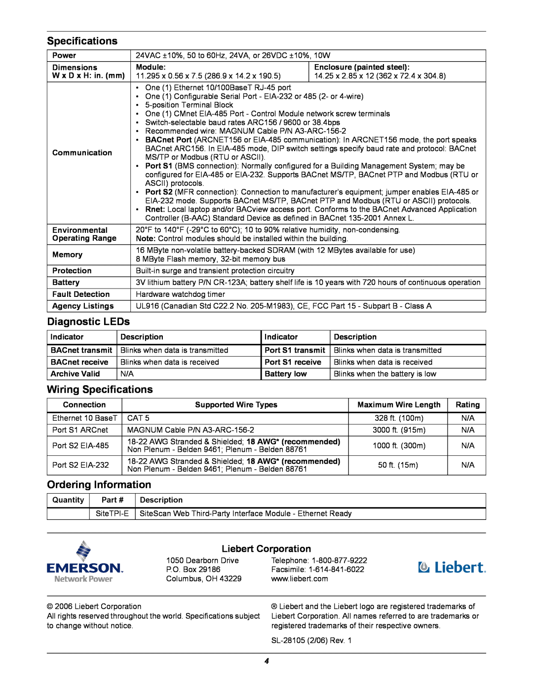 Emerson SITETPI-E V3 dimensions Diagnostic LEDs, Wiring Specifications, Ordering Information, Liebert Corporation 