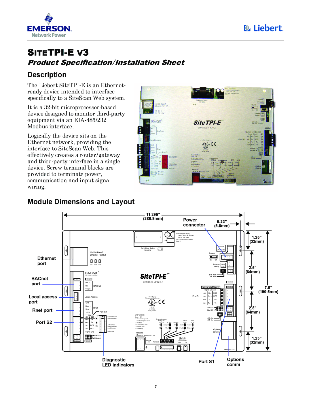 Emerson SITETPI-E V3 dimensions Description, Module Dimensions and Layout 