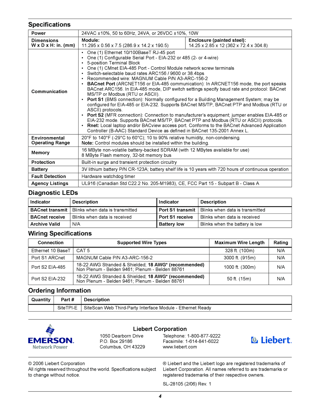 Emerson SITETPI-E V3 Power, Dimensions Module Enclosure painted steel D x H in. mm, Communication, Environmental, Battery 