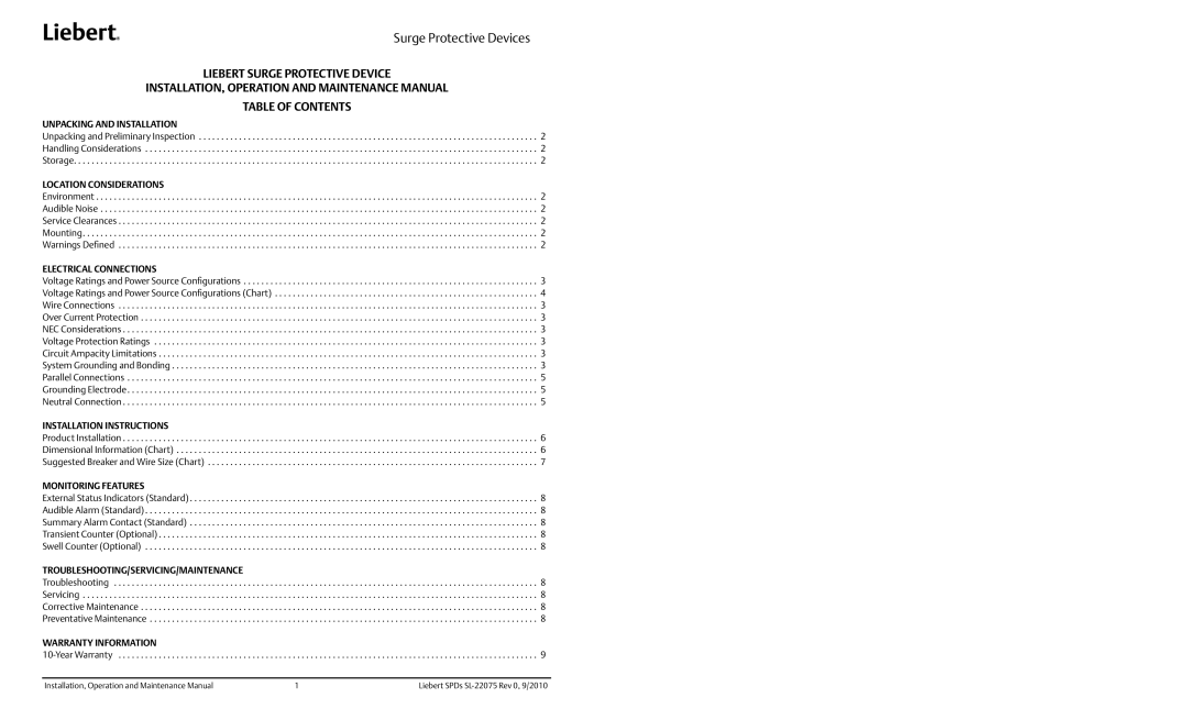 Emerson SL-22075 specifications Surge Protective Devices 