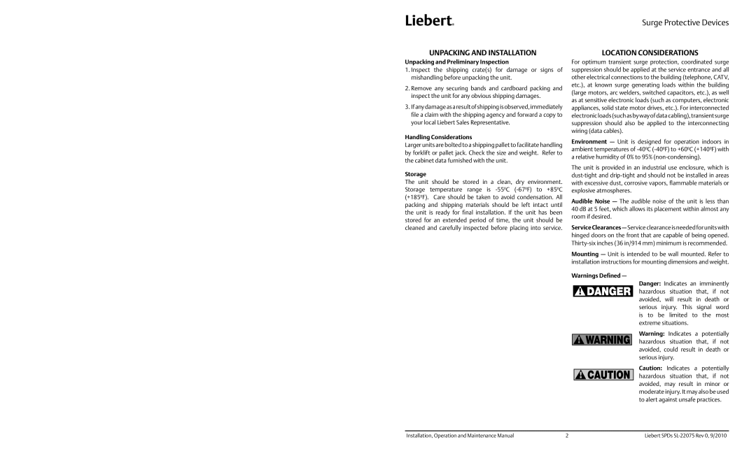 Emerson SL-22075 Unpacking and Installation, Location Considerations, Unpacking and Preliminary Inspection, Storage 