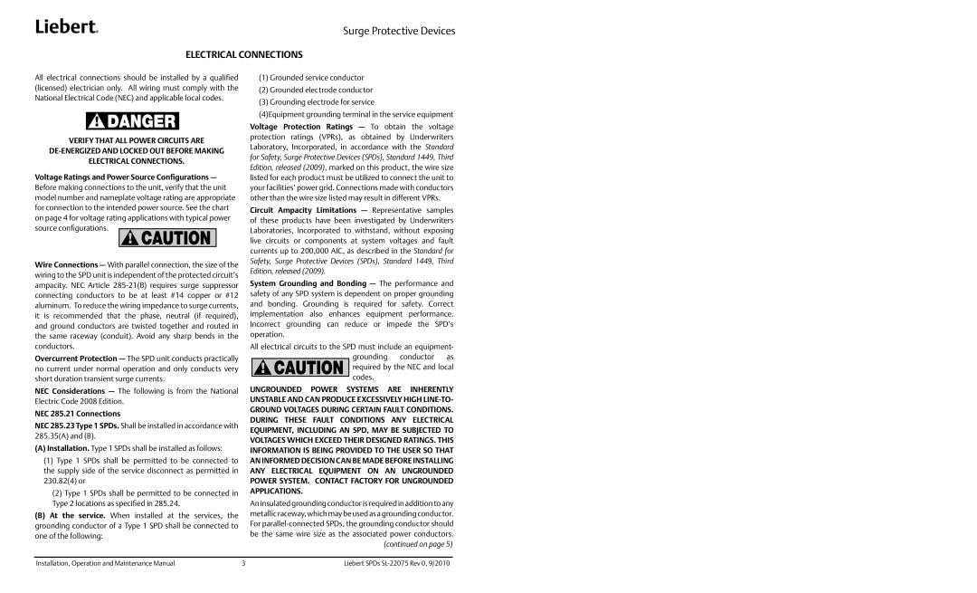 Emerson SL-22075 specifications Electrical Connections 