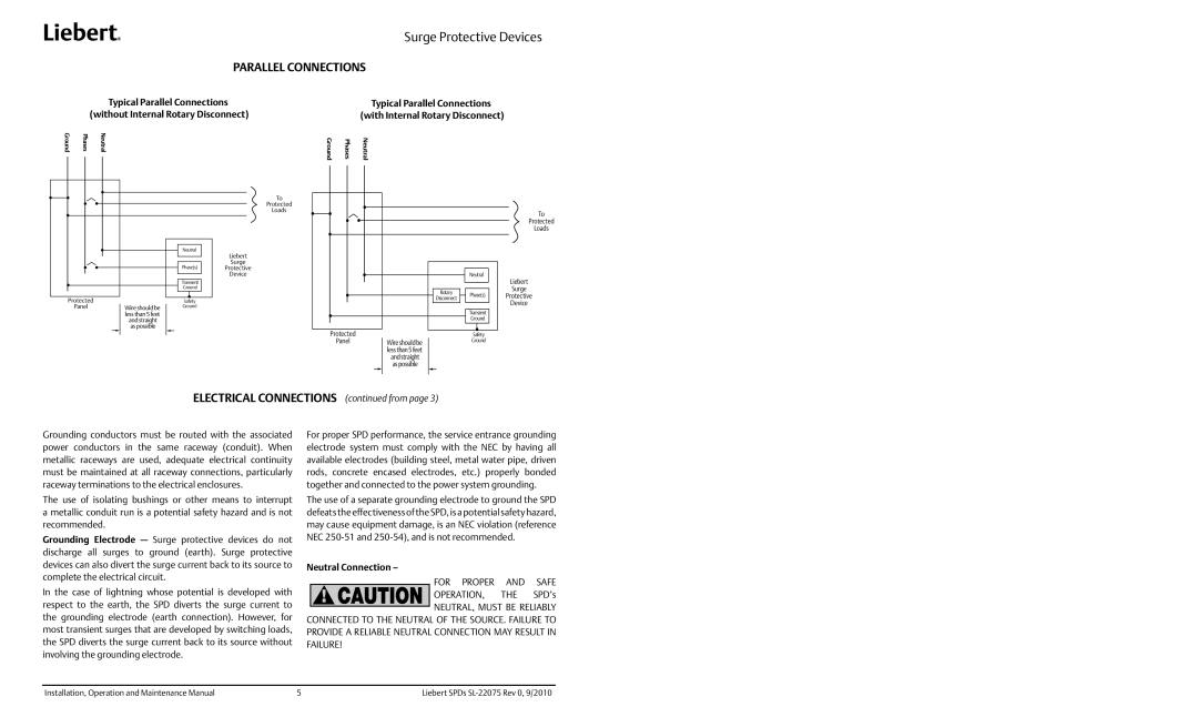 Emerson SL-22075 specifications Parallel Connections, Electrical Connections from, Neutral Connection 