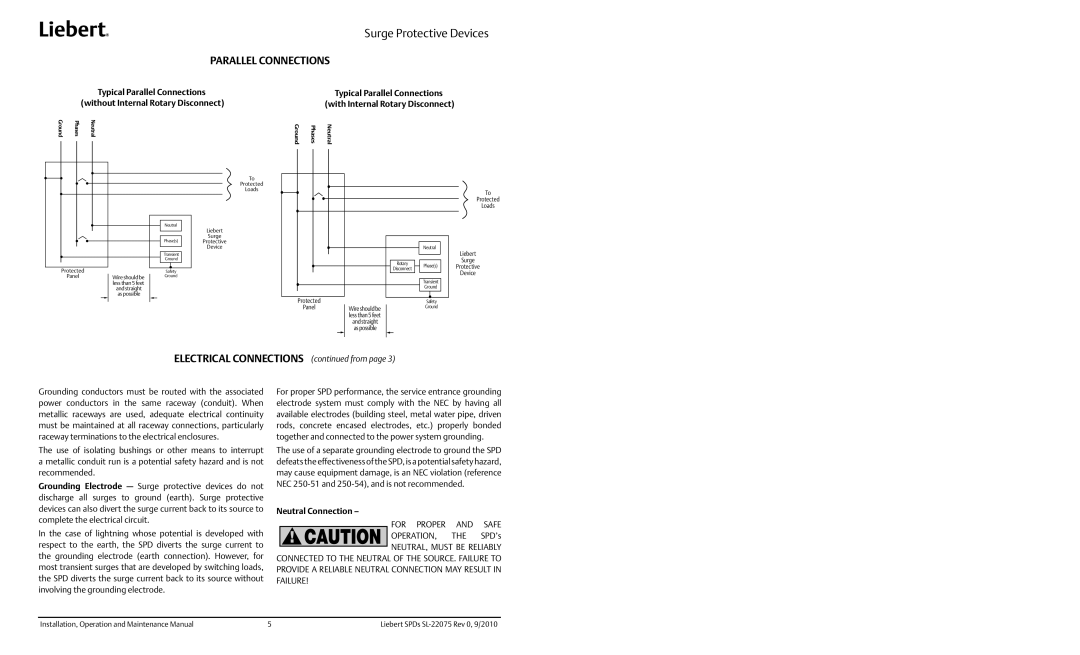 Emerson SL-22075 specifications Parallel Connections, ELECTRICAL CONNECTIONS continued from page, Surge Protective Devices 