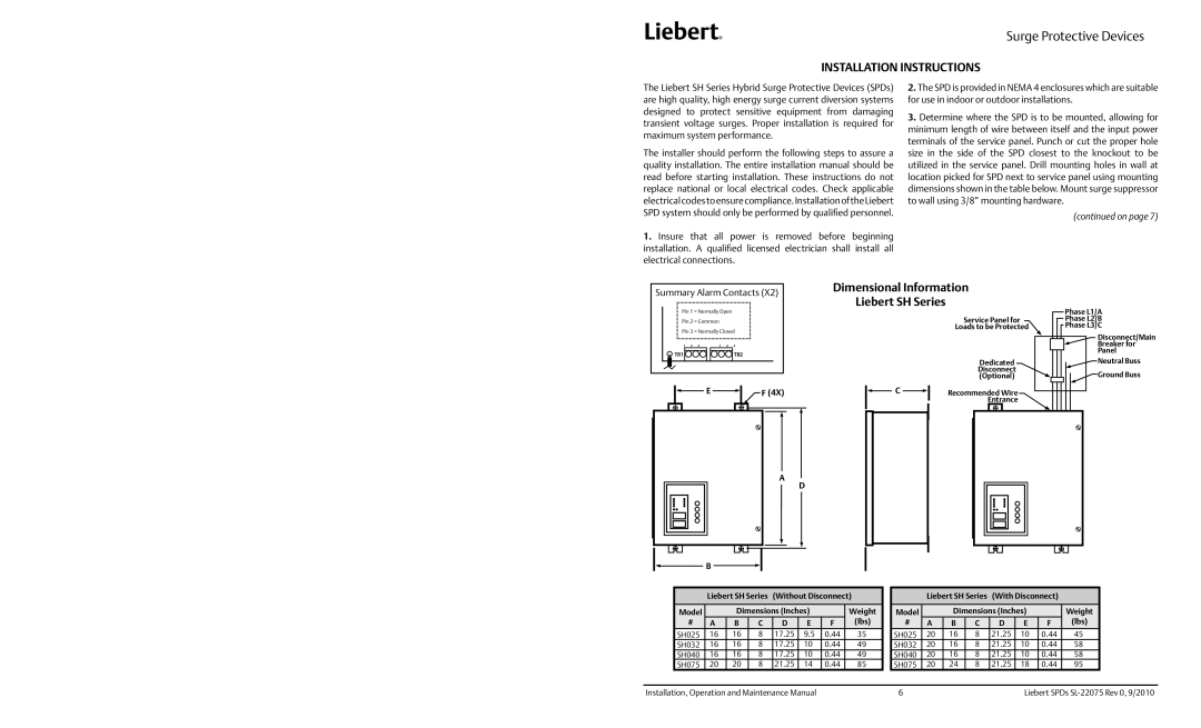 Emerson SL-22075 Installation Instructions, Dimensional Information, Liebert SH Series, Surge Protective Devices 