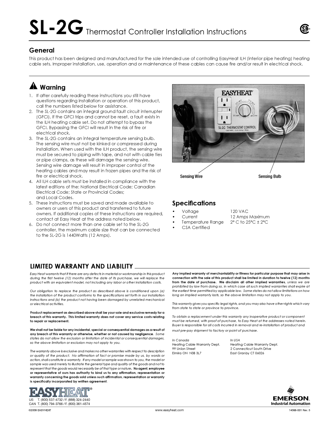 Emerson SL-2G warranty General, Specifications, Limited Warranty and Liability 