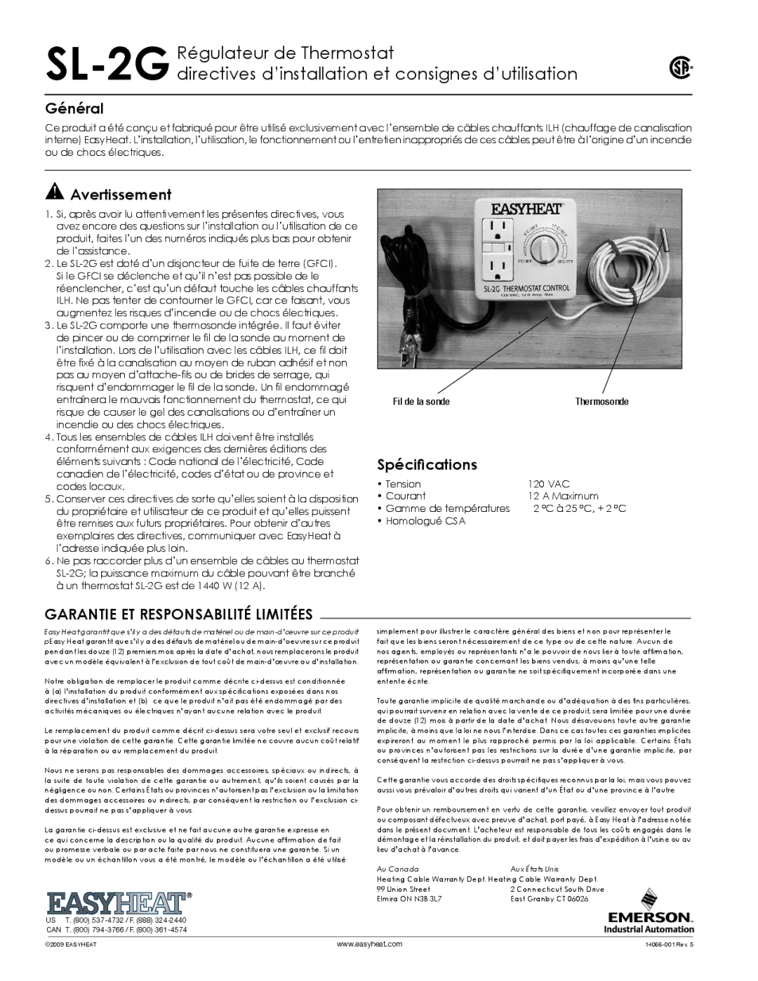 Emerson SL-2G warranty Général, Avertissement, Spécifications, Garantie ET Responsabilité Limitées 