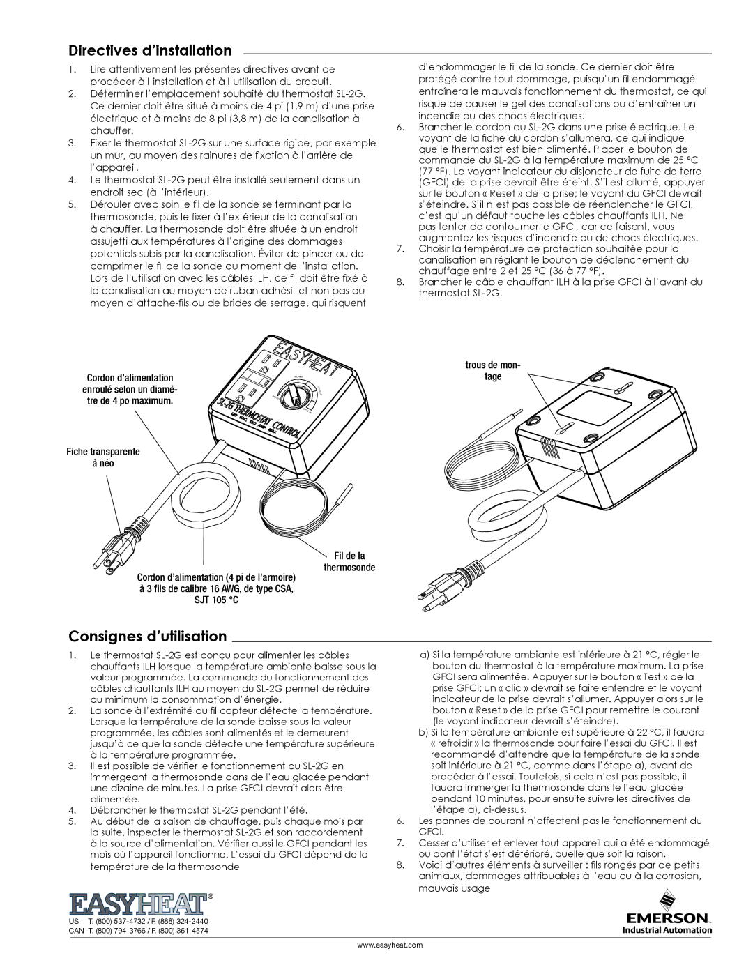 Emerson SL-2G warranty Directives d’installation, Consignes d’utilisation 