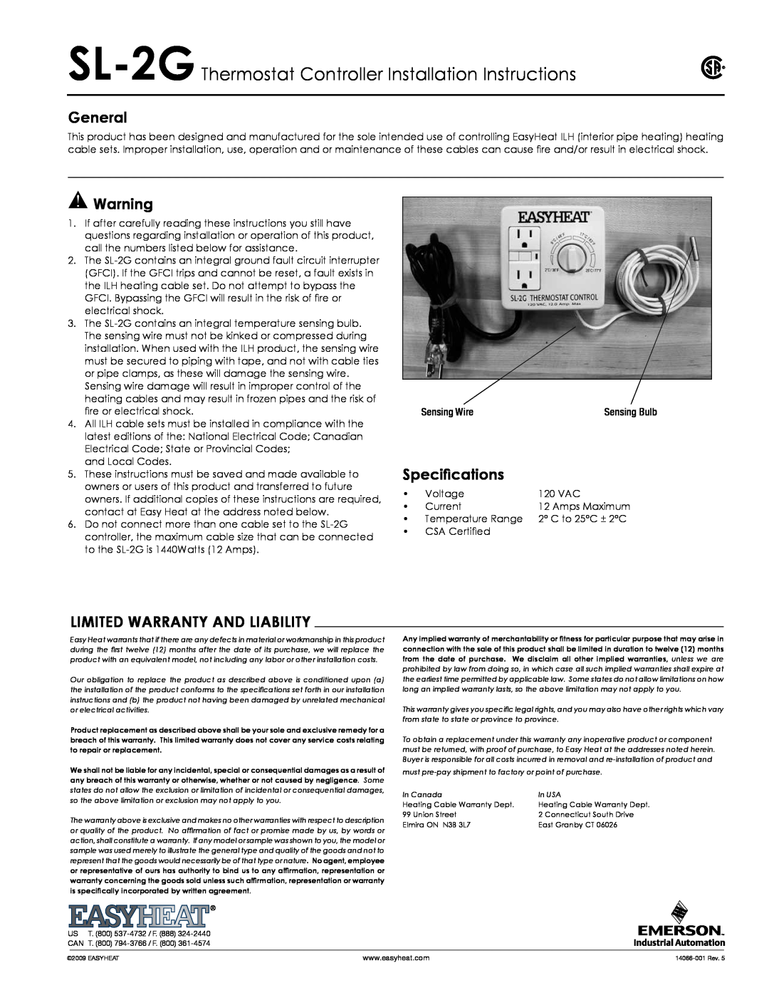 Emerson warranty SL-2G Thermostat Controller Installation Instructions, General, Specifications 