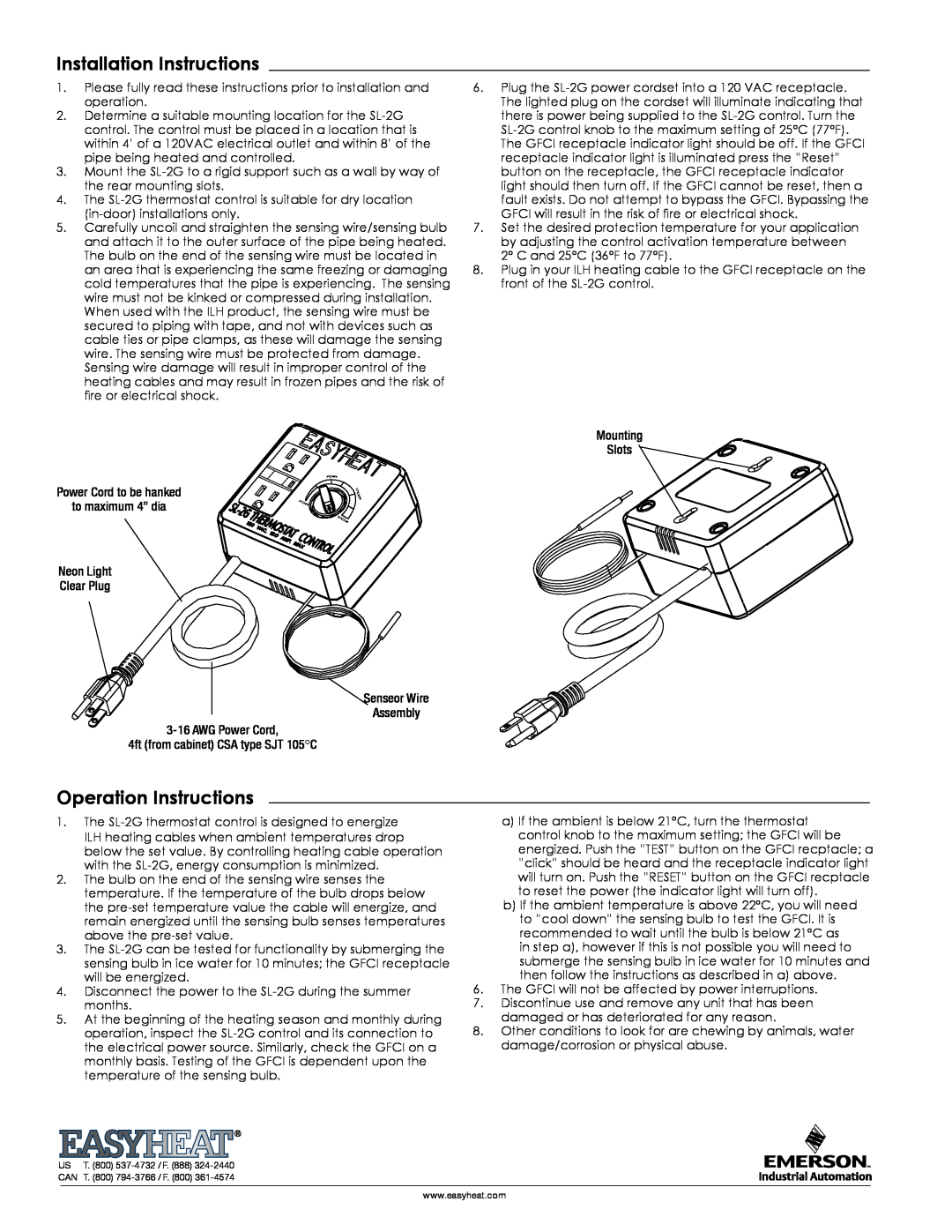 Emerson SL-2G warranty Installation Instructions, Operation Instructions 