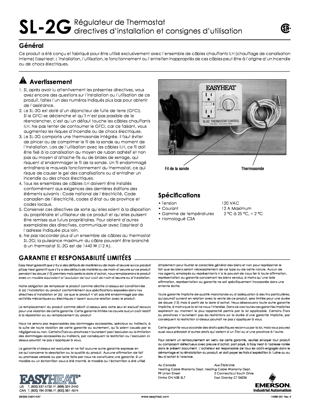 Emerson SL-2G Régulateur de Thermostat, directives d’installation et consignes d’utilisation, Général, Avertissement 