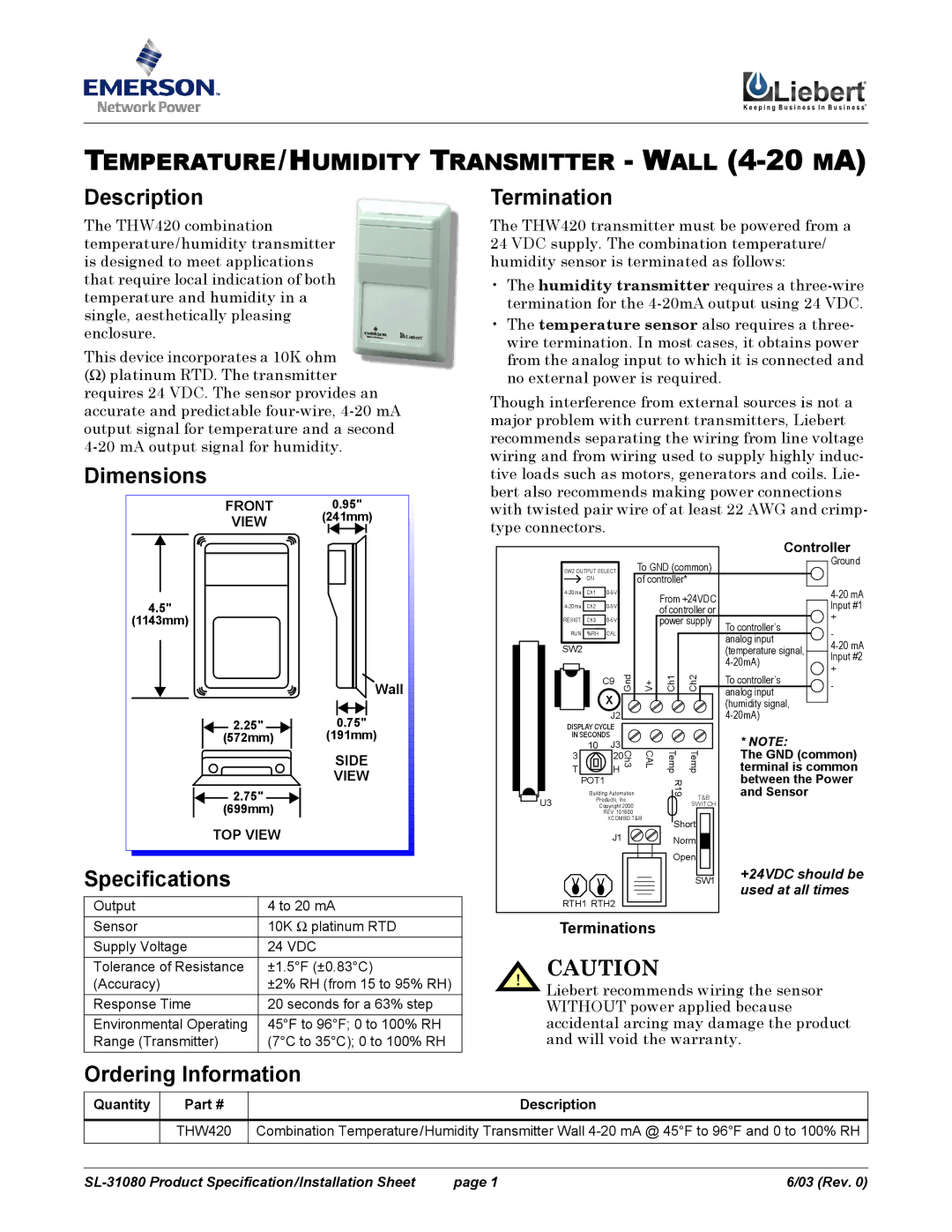 Emerson SL-31080 specifications Description, Dimensions, Specifications, Termination, Ordering Information 