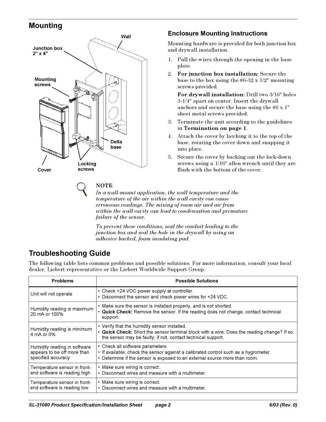 Emerson SL-31080 specifications Troubleshooting Guide, Enclosure Mounting Instructions, Problems Possible Solutions 